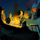 Guybrush on a clifftop, talking to a bearded man by a fire, in a very familiar scene.